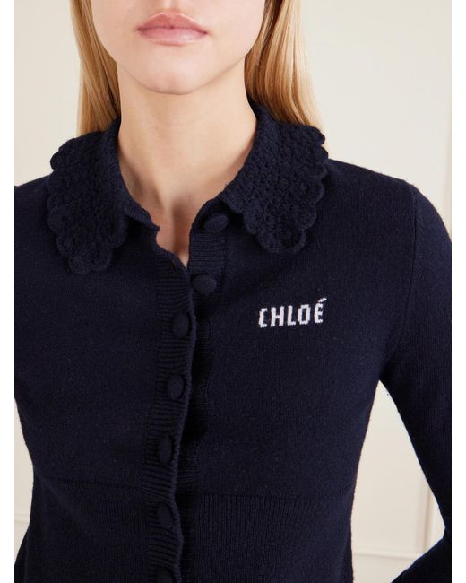 Chloé Blue Logo-Embroidered Wool Cardigan