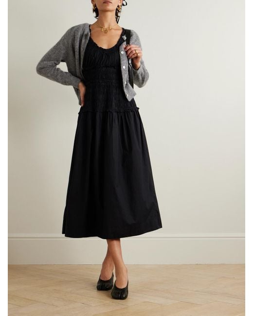 Doen Leanne Shirred Organic Cotton-Voile Midi Dress in Black | Lyst
