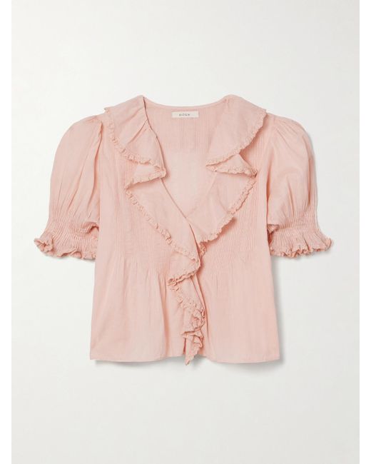 Doen Pink Henri Lace-Trimmed Ruffled Pintucked Organic Cotton-Voile Blouse