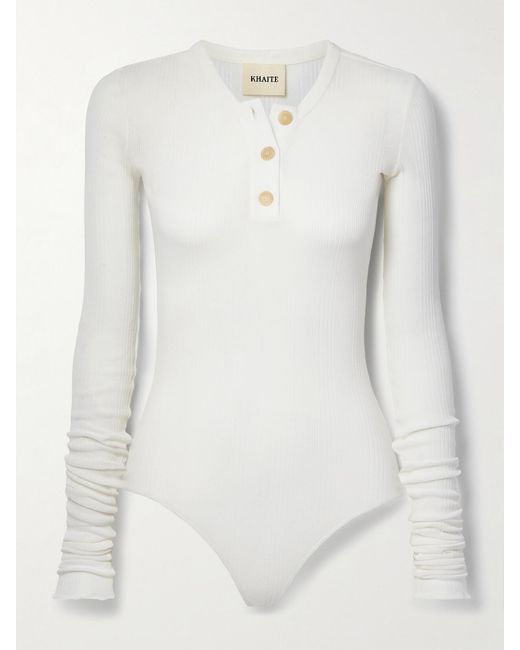 Khaite White Janelle Ribbed Cotton-Blend Bodysuit
