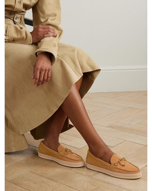 Tod's Brown Gomma Raffia-Trimmed Bow-Detailed Suede Loafers