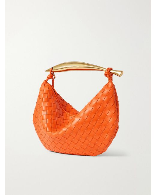 Bottega Veneta Orange Sardine Small Intrecciato Leather Shoulder Bag With Chain