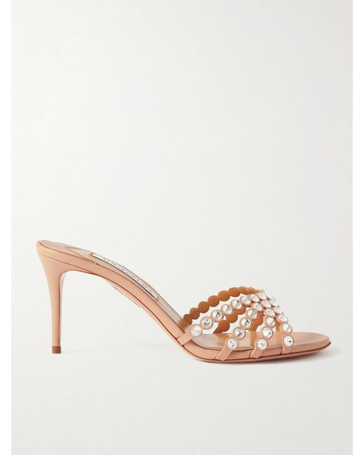 Aquazzura Natural Tequila 75 Crystal-Embellished Leather Mules