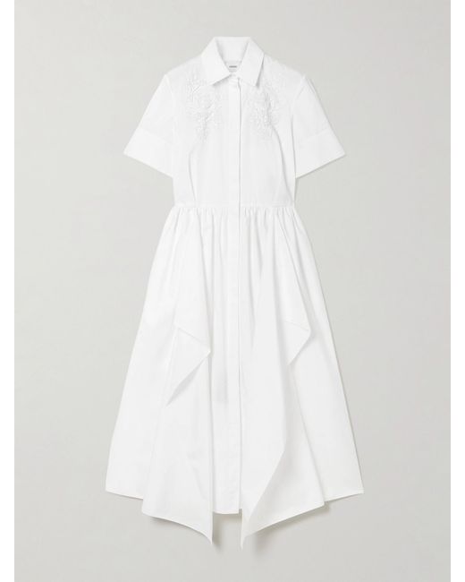 Erdem White Embroidered Gathered Cotton-Poplin Midi Shirt Dress
