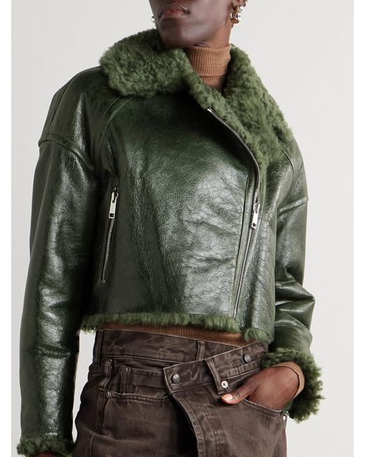 Yves Salomon Green Cropped Shearling Jacket