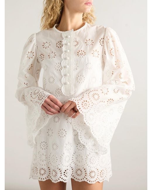 Chloé Natural Scalloped Broderie Anglaise Cotton-Blend Mini Dress