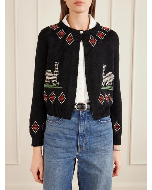 Bode Black Bunny Jacquard-Knit Wool Cardigan