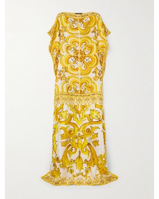 Dolce & Gabbana Yellow Maiolica Floral-Print Silk-Twill Kaftan