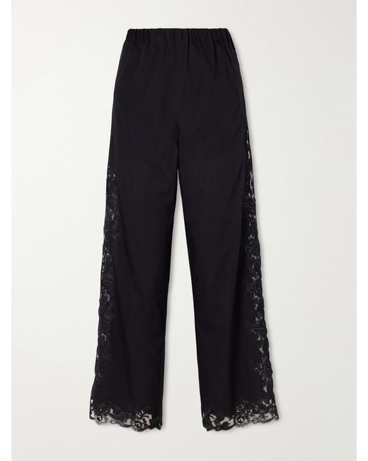 Loretta Caponi Blue Yasmin Lace-Trimmed Cotton Straight-Leg Pants