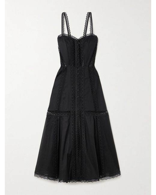 Robe Midi En Voile De Coton Mélangé À Finitions En Dentelle Guipure Et À Festons Dafelle Charo Ruiz en coloris Black