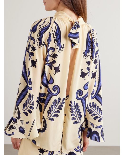 Johanna Ortiz Blue Rimto Sol Tie-Detailed Cutout Printed Silk Crepe De Chine Blouse