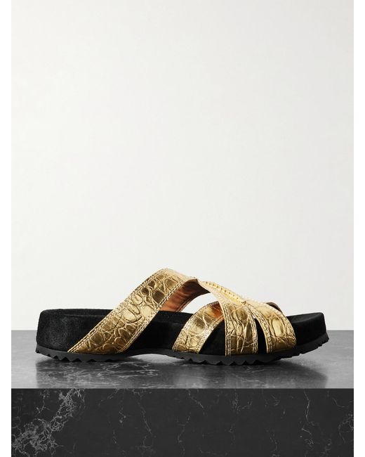 Dries Van Noten Black Metallic Croc-Effect Leather Sandals