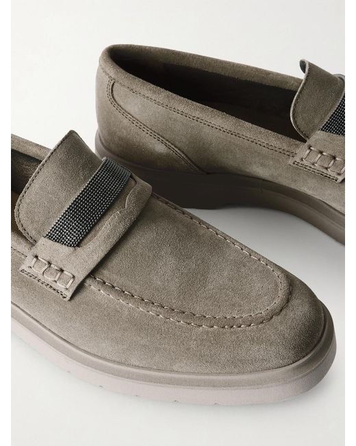 Brunello Cucinelli Gray Embellished Suede Loafers