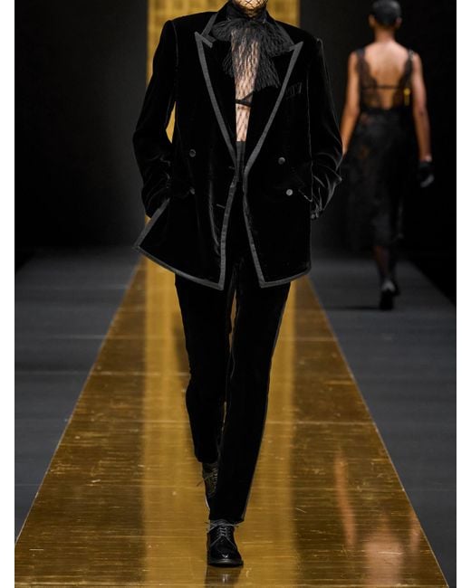 Dolce & Gabbana Black Doppelreihiger Blazer Aus Samt Aus Einer Baumwollmischung Mit Besätzen Aus Seidensatin