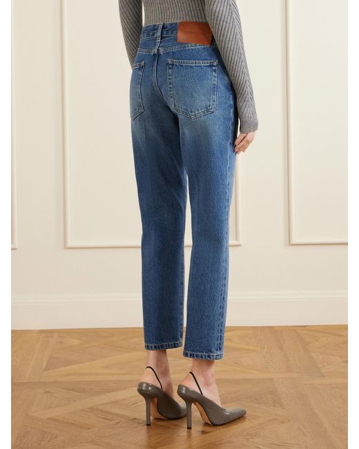 Victoria Beckham Blue Leather-Trimmed Low-Waist Flared Jeans