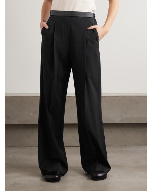 Loewe Black Leather-Trimmed Pleated Grain De Poudre Wool Straight-Leg Pants
