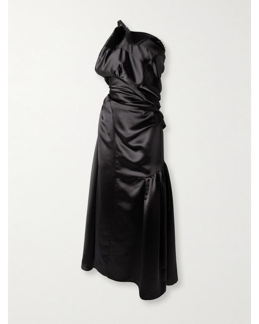 Dries Van Noten Black One-Shoulder Gathered Pleated Satin Midi Dress