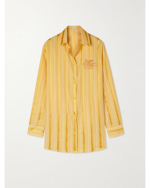 Etro Yellow Hemd Aus Einer Gestreiften Baumwoll-Seidenmischung Mit Stickerei