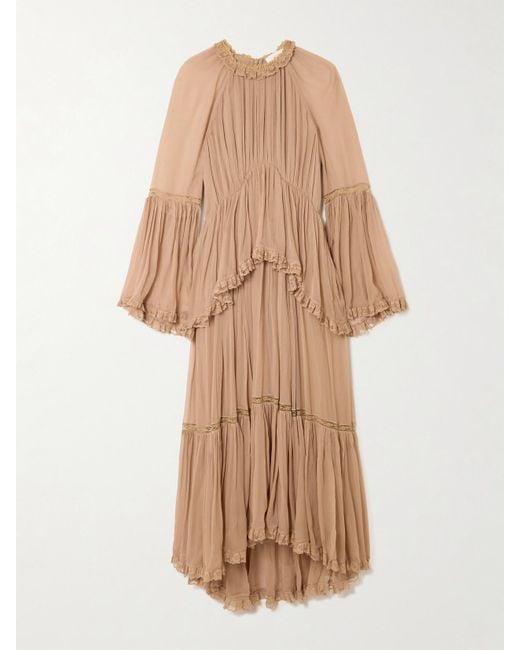 Zimmermann Natural Hypnotic Midikleid Aus Crêpe De Chine Mit Stufen Und Spitzenbesätzen