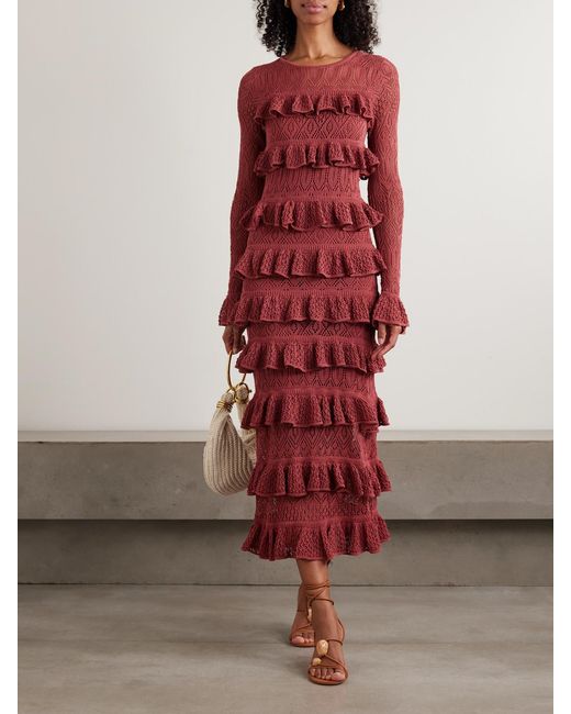 Zimmermann Red Wanderlust Ruffled Open-Knit Maxi Dress