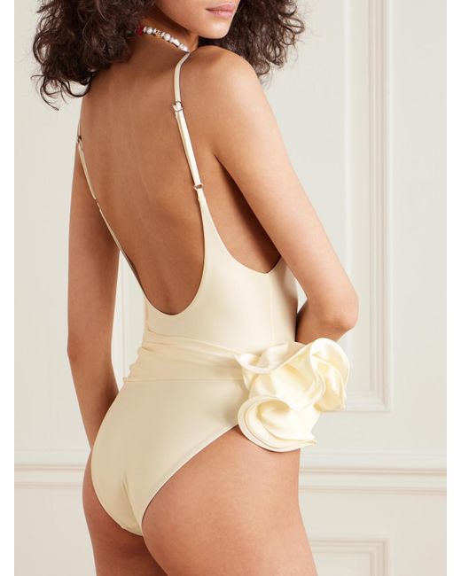 Magda Butrym White Appliquéd Ruched Swimsuit