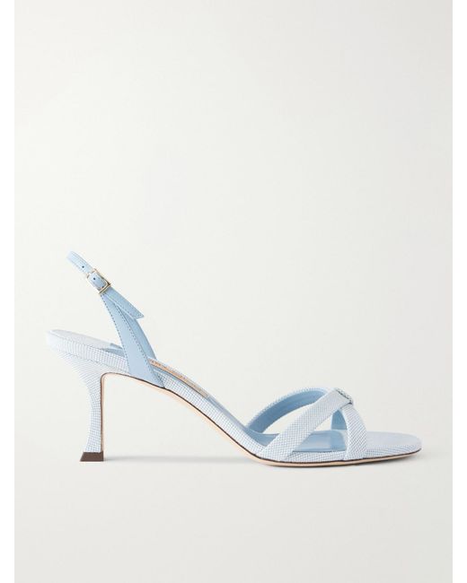 Jimmy Choo Blue Elsy 70 Leather-Trimmed Canvas Slingback Sandals