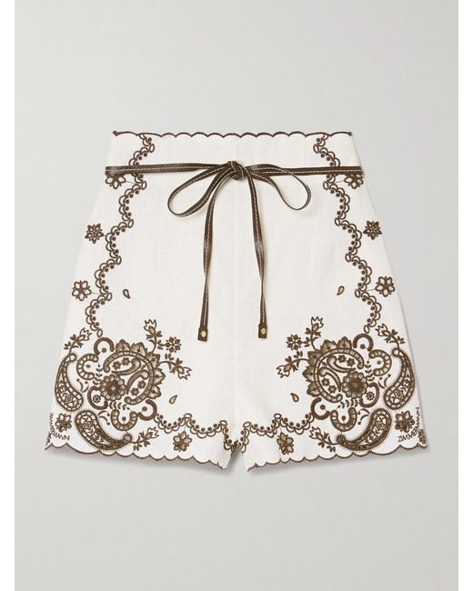 Zimmermann Natural Ascension Leather-Trimmed Broderie Anglaise Linen Shorts