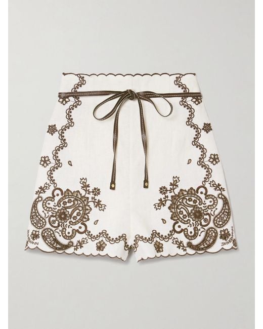 Zimmermann Natural Ascension Shorts Aus Leinen Mit Lochstickerei Und Lederbesätzen