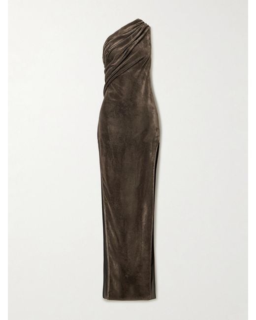 Rick Owens Natural Athena Arrowhead One-Shoulder Draped Crushed-Velvet Gown