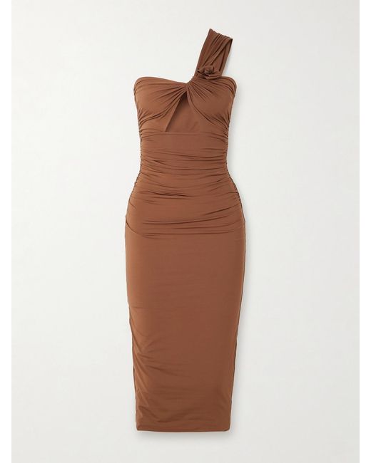 Maygel Coronel Brown Arcano One-Shoulder Appliquéd Cutout Ruched Stretch-Jersey Midi Dress