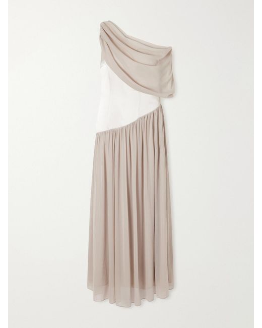 Abadia Natural Gwyneth Asymmetric Draped Satin-Trimmed Gerogette Gown