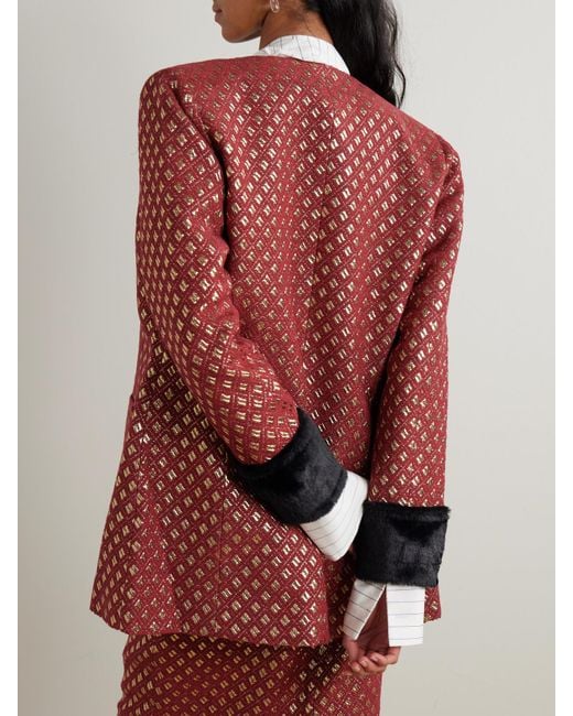 D'Estree Red Lea Plush-Trimmed Metallic Jacquard Jacket