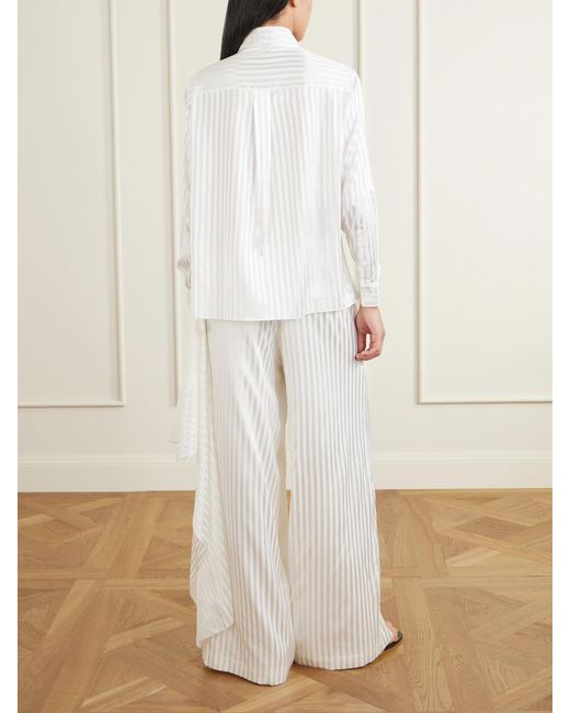 Abadia White Scarf-Detailed Striped Stretch-Silk Satin Blouse