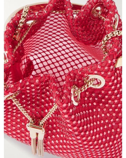 Jimmy Choo Red Bon Bon Crystal-Embellished Mesh Bucket Bag