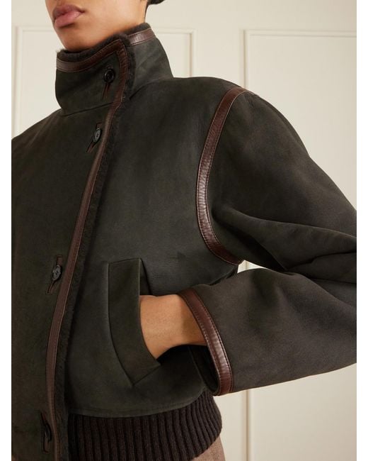 Loro Piana Black Jekel Leather-Trimmed Shearling-Lined Suede Jacket