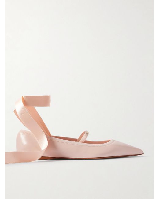 【送料&関税込】Ferragamo Carice Ballet Shoes In Pink Leathe Ferragamo Carice Satin-Trimmed Leather Ballet Flats in Pink