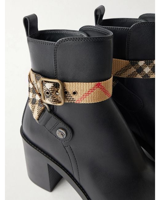 Burberry Black Huntley 70 Checked Canvas-Trimmed Leather Ankle Boots