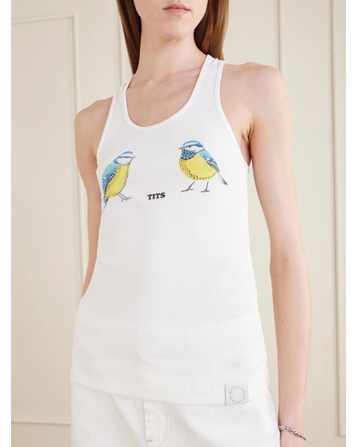 Stella McCartney White Hot Fix Crystal-Embellished Printed Ribbed Stretch-Cotton Tank