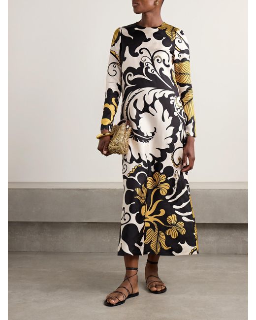 LaDoubleJ White Swing Printed Silk-Twill Midi Dress