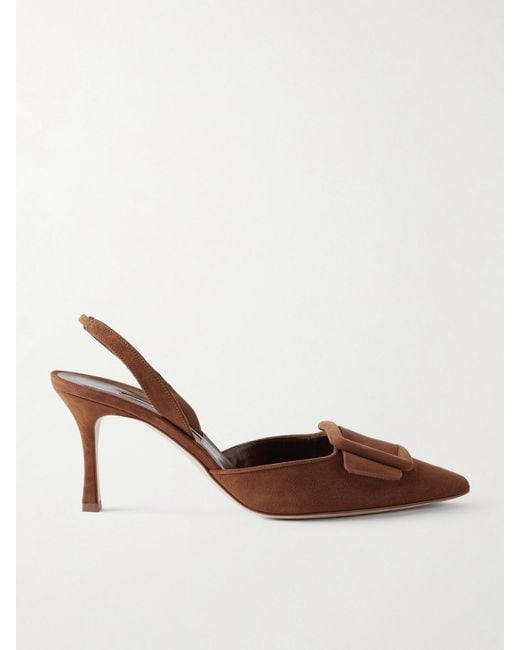 Manolo Blahnik Brown Maysli 70 Buckled Suede Slingback Pumps