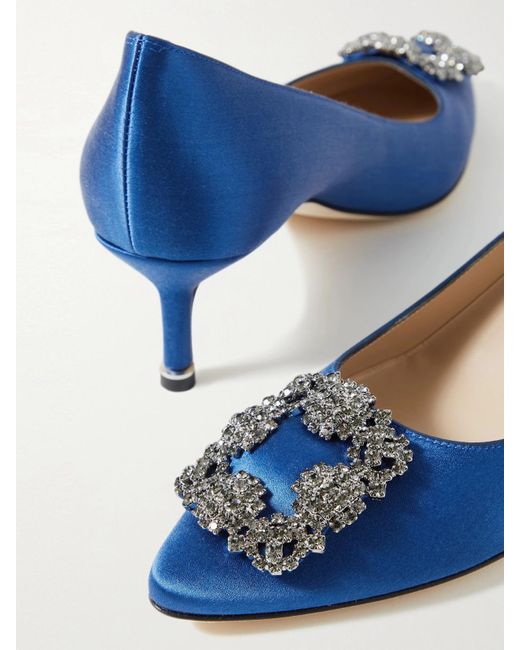 Manolo Blahnik Blue Hangisi 50 Crystal-Embellished Satin Pumps