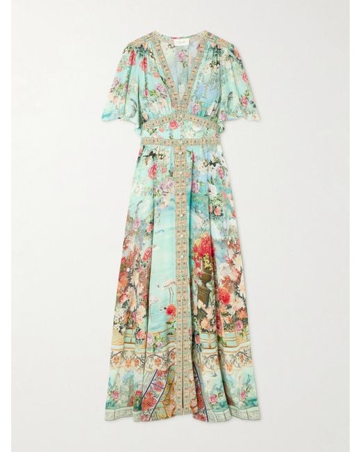 Camilla Green The Jewellery Museum Embellished Shirred Printed Silk-Crepe Maxi Dress