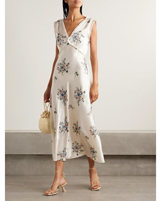 Doen Natural Tahlia Lace-Trimmed Floral-Print Silk-Charmeuse Midi Dress
