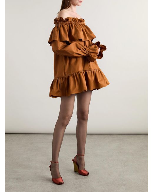 Mini-Robe Épaules Nues En Serge De Coton À Volants Saint Laurent en coloris Brown