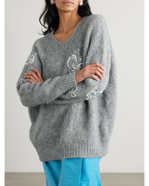 BERNADETTE Gray Orchidea Crystal And Sequin-Embellished Alpaca-Blend Sweater