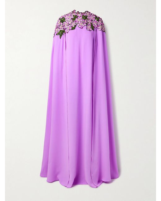 Oscar de la Renta Purple Robe Aus Crêpe Mit Applikationen Und Verzierungen