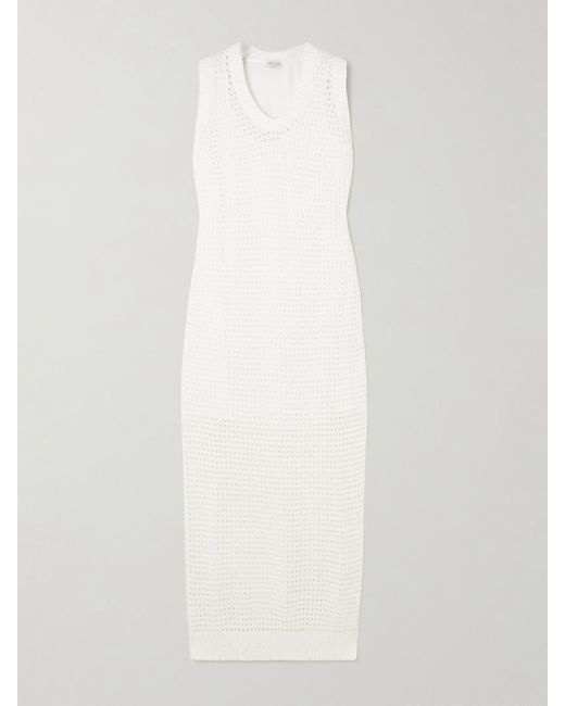 Brunello Cucinelli White Sequin-Embellished Open-Knit Cotton-Blend Midi Dress