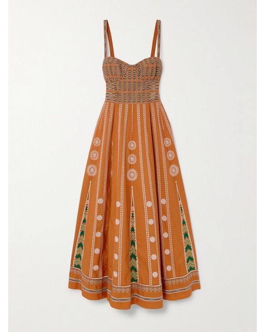 Emporio Sirenuse Orange Elida Embroidered Silk Midi Dress