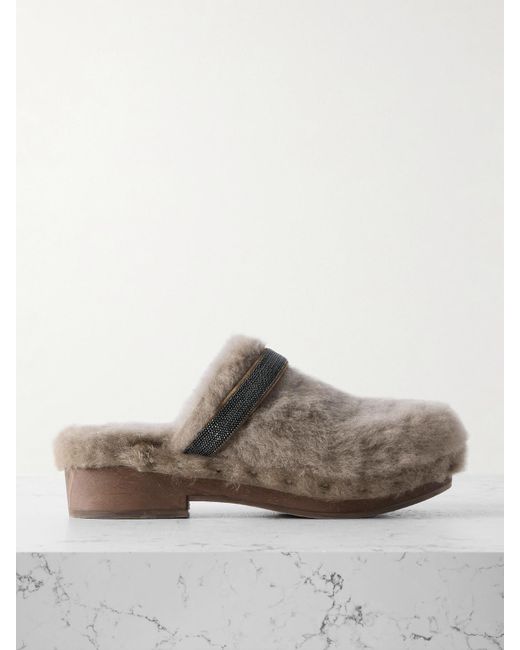 Brunello Cucinelli Brown Clogs Aus Shearling Mit Zierperlen