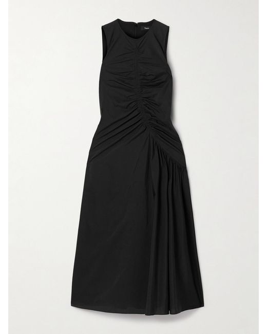 Theory Black Ruched Cotton-Blend Sateen Midi Dress